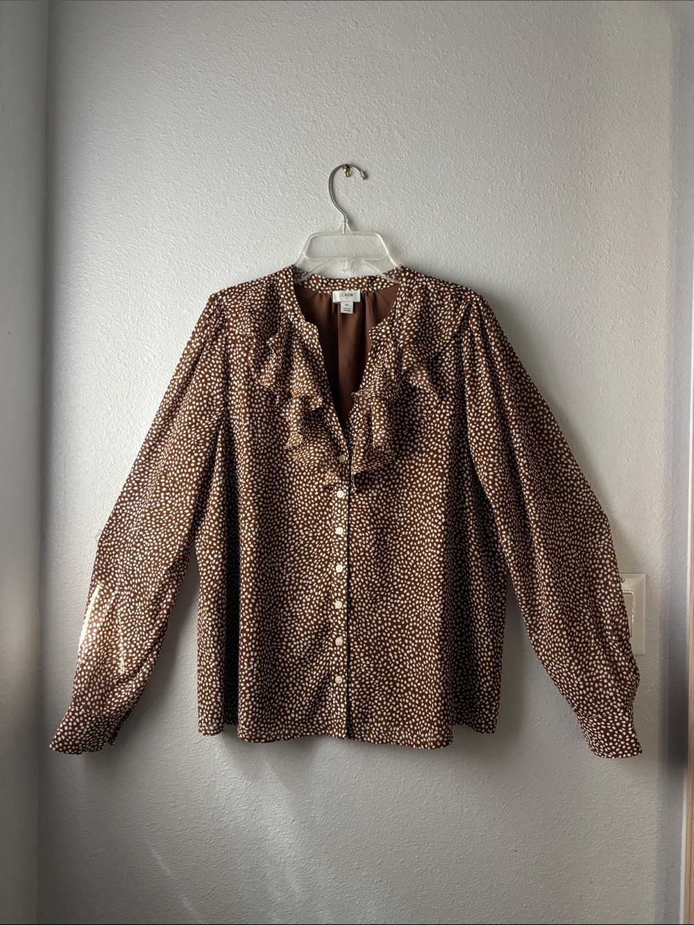 J. Crew Brown and Cream Polka Dot Ruffle Button-Front Blouse